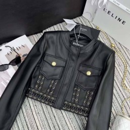 Женская кожаная куртка Balmain 2023 черная со шнуровкой