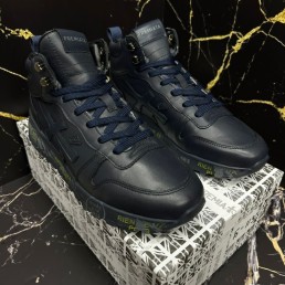 Мужские высокие кожаные кроссовки Premiata 2023 темно-синие на меху