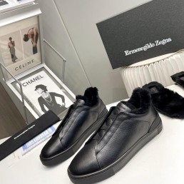 Мужские кожаные кеды Ermenegildo Zegna 2023 черные на меху