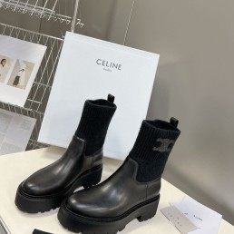 Женские кожаные ботинки Celine 2023 черные с трикотажной частью