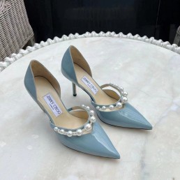 Женские лакированные туфли Jimmy Choo 2023 голубые с бусинами