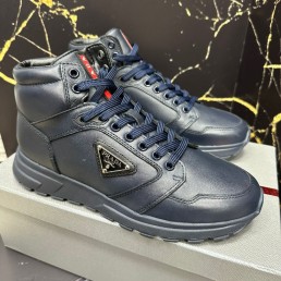 Мужские высокие кожаные кроссовки на меху Prada 2023 темно-синие
