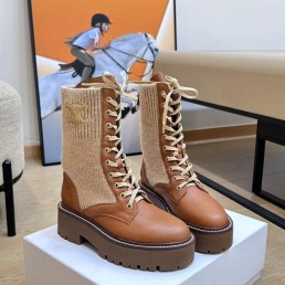 Женские кожаные ботинки Celine 2023 коричневые с трикотажной вставкой
