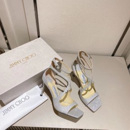 Женские кожаные босоножки Jimmy Choo 2024 серебристые в блестках