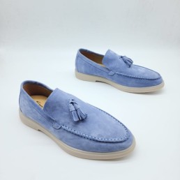 Мужские замшевые лоферы Santoni 2024 голубые с кисточками