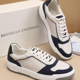 Мужские кожаные кроссовки Brunello Cucinelli 2024 белые с синим