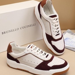 Мужские кожаные кроссовки Brunello Cucinelli 2024 белые с бордовым