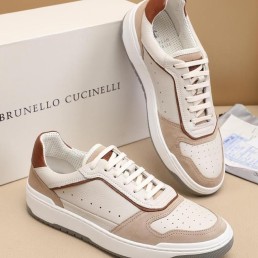 Мужские кожаные кроссовки Brunello Cucinelli 2024 белые с бежевым