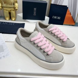 Женские комбинированные кеды Christian Dior 2023 серые с розовыми шнурками