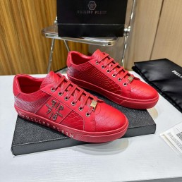Мужские кожаные кроссовки Philipp Plein 2024 красные под рептилию