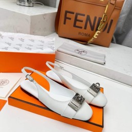 Женские кожаные туфли Hermes 2024 белые с пряжкой с палладиевым покрытием
