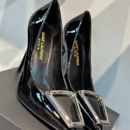Женские кожаные туфли Saint Laurent 2024 черные лакированные с пряжкой