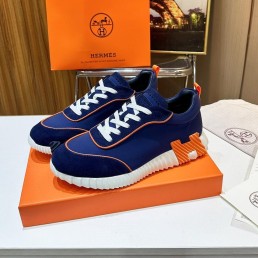 Мужские комбинированные кроссовки Hermes 2024 синие с оранжевым