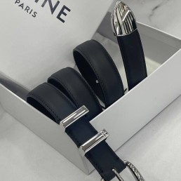 Кожаный ремень Celine 2024 черный с серебряной пряжкой