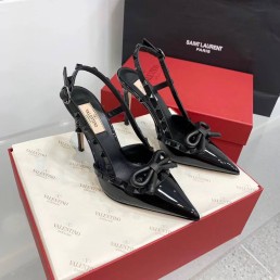 Женские кожаные туфли Valentino 2024 черные с бантом каблук 10 см