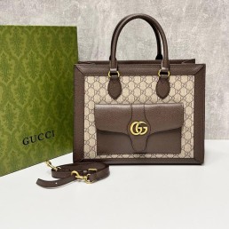 Женская кожаная сумка Gucci 2024 коричневая с бежевым 34х26х14