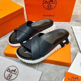 Мужские кожаные шлепки Hermes 2024 темно-синие