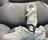Женские замшевые кроссовки Miu Miu х New Balance 2024 светло-серые с разноцветными шнурками