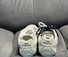 Женские замшевые кроссовки Miu Miu х New Balance 2024 светло-серые с разноцветными шнурками