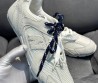 Женские замшевые кроссовки Miu Miu х New Balance 2024 светло-серые с разноцветными шнурками