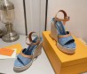 Женские текстильные босоножки Louis Vuitton 2024 Helios синие на танкетке 8,5 см