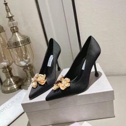 Женские атласные туфли Jimmy Choo 2024 черные с золотистыми цветами каблук 10 см