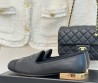 Женские кожаные лоферы Chanel 2024 черные с золотым каблуком и текстильным носом