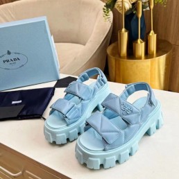 Женские кожаные сандалии Prada 2024 Monolith голубые