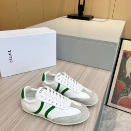 Женские кожаные кроссовки Celine белые с зелеными полосками 2024