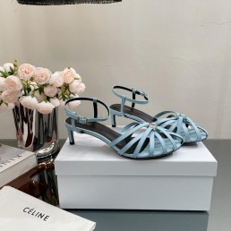 Женские кожаные туфли Celine голубые 2024 каблук 5,5 см