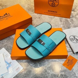 Мужские кожаные шлепки Hermes голубые с замочком 2024