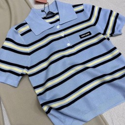 Женская футболка поло Miu Miu голубая в полоску 2024