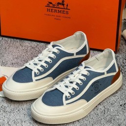 Мужские текстильные кеды с кожаными элементами Hermes голубые 2024