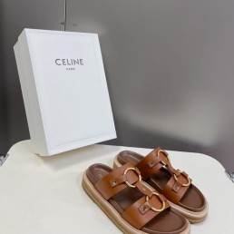 Женские кожаные шлепанцы Celine коричневые 2024