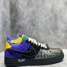 Мужские кожаные кроссовки Louis Vuitton + Nike Air черные с разноцветными вставками 2024