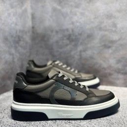 Мужские кожаные кроссовки Salvatore Ferragamo черные с серо-зеленым 2024