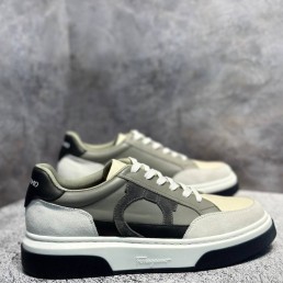 Мужские кожаные кроссовки Salvatore Ferragamo зеленые с серыми замшевыми вставками 2024