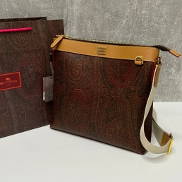 Женская кожаная сумка Etro коричневая с принтом 29х27х5 2024