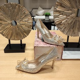 Женские кожаные туфли Jimmy Choo бежево-золотистые в стразах каблук 10 см 2024