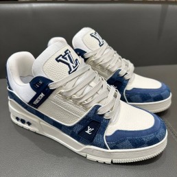 Мужские кожаные кроссовки Louis Vuitton белые с синими вставками 2024