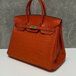 Женская кожаная сумка Hermes оранжевая глянцевая 35х25 2024