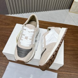 Женские комбинированные кроссовки Brunello Cucinelli светло-бежевые с белым 2024