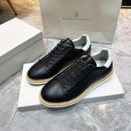 Мужские кожаные кеды Brunello Cucinelli черные с прострочкой на подошве 2024