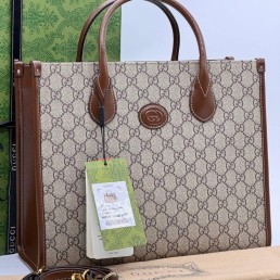 Женская комбинированная сумка Gucci бежевая с коричневым 33х25 см 2024