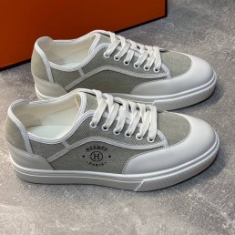 Мужские текстильные кроссовки Hermes серые с белым кожаным носом 2024