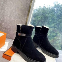 Женские замшевые ботинки Hermes черные на меху 2024