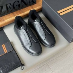 Мужские кожаные кеды Ermenegildo Zegna черные на меху 2024