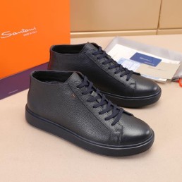 Мужские высокие кожаные кеды Santoni темно-синие на меху 2024