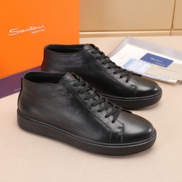 Мужские высокие кожаные кеды Santoni черные на меху 2024