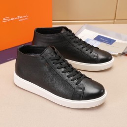 Мужские высокие кожаные кеды Santoni черные с белой подошвой на меху 2024